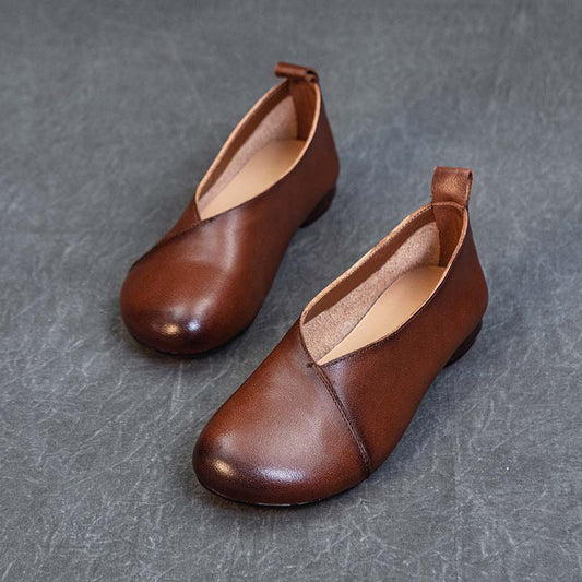 Women's Handmade Leather Casual Comfort Low Heel Slip On Glove Shoes