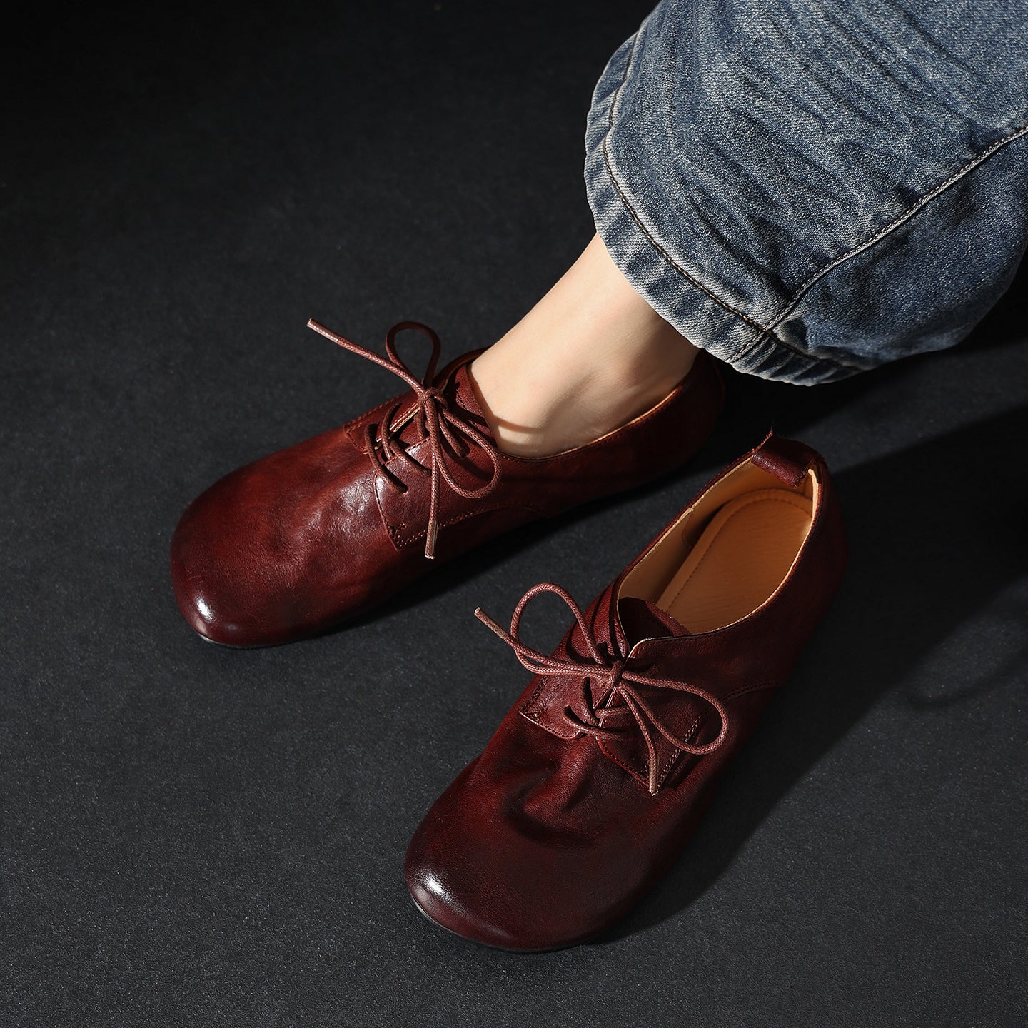 Women's Handmade Retro Cowhide Oxfords Vintage Square Toe Lace-up Soft Flat Shoes