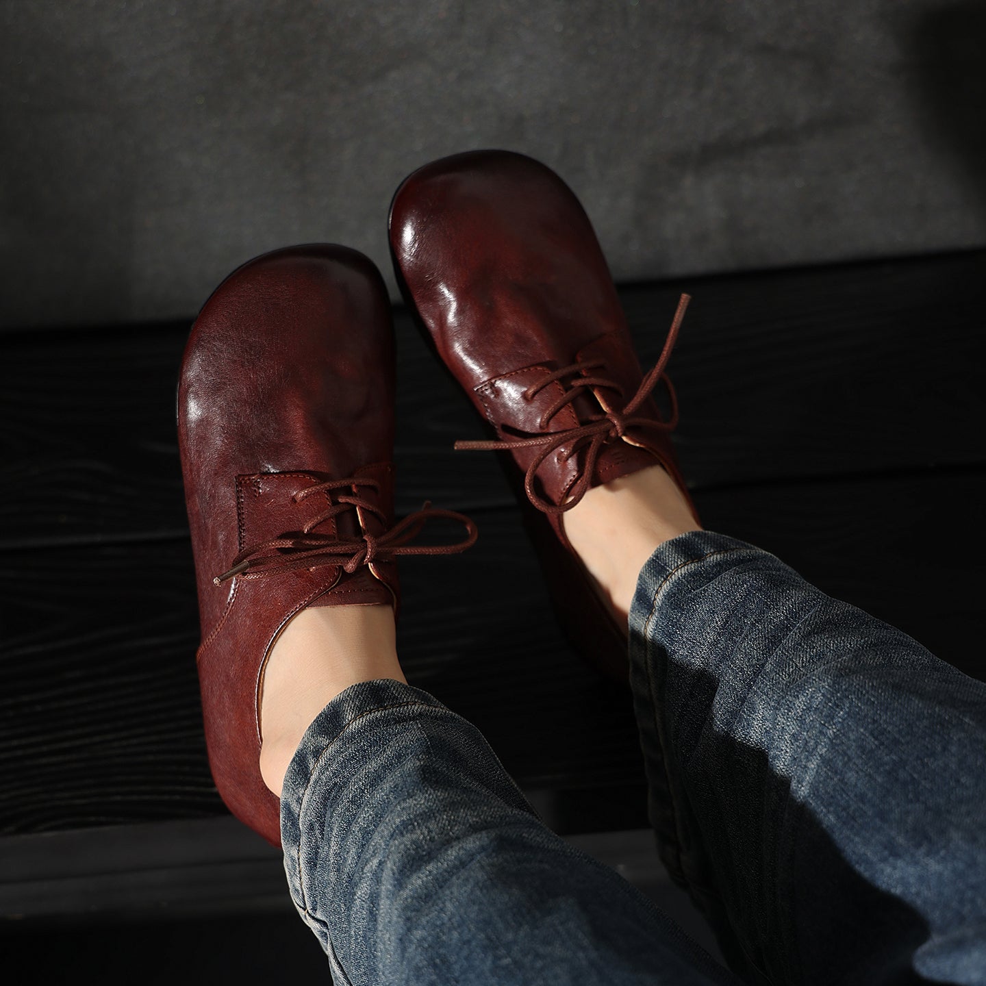Women's Handmade Retro Cowhide Oxfords Vintage Square Toe Lace-up Soft Flat Shoes