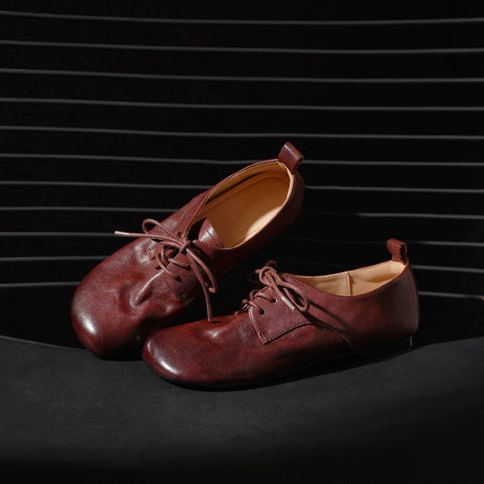 Women's Handmade Retro Cowhide Oxfords Vintage Square Toe Lace-up Soft Flat Shoes