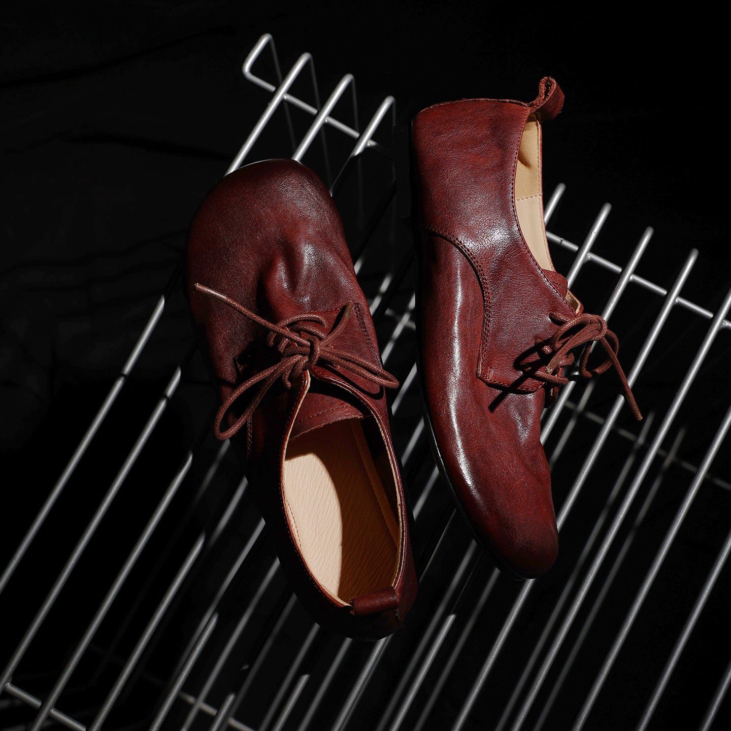 Women's Handmade Retro Cowhide Oxfords Vintage Square Toe Lace-up Soft Flat Shoes