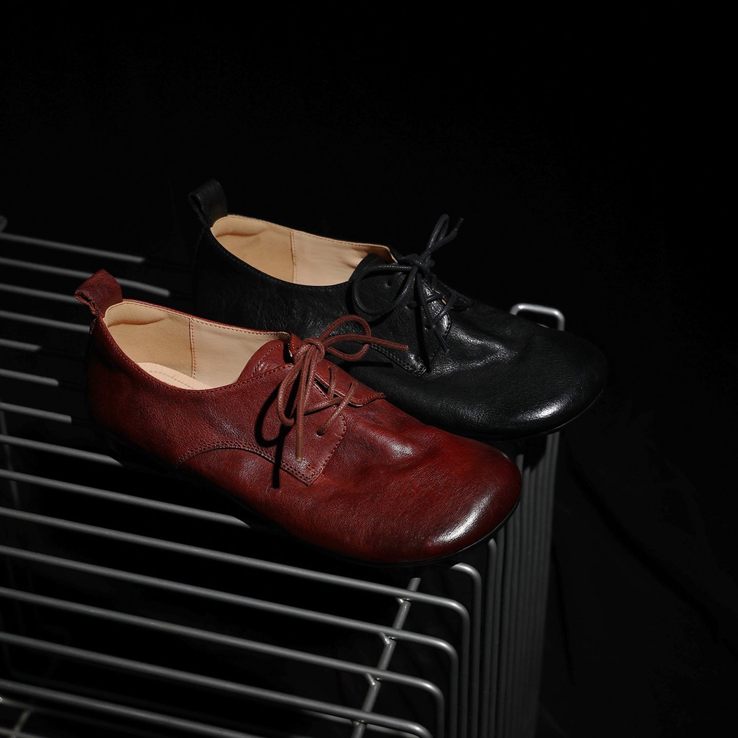 Women's Handmade Retro Cowhide Oxfords Vintage Square Toe Lace-up Soft Flat Shoes
