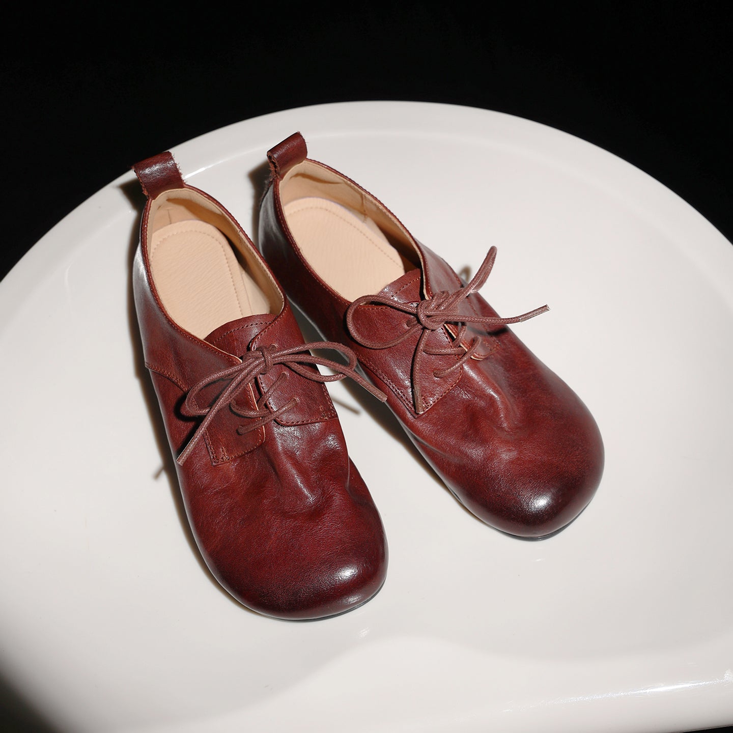 Women's Handmade Retro Cowhide Oxfords Vintage Square Toe Lace-up Soft Flat Shoes