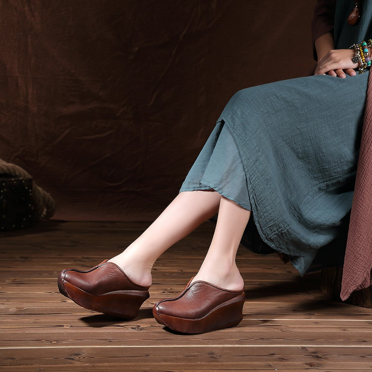 Women's Platform Mules - Premium Cowhide & Sheepskin - Summer Wedge Heels