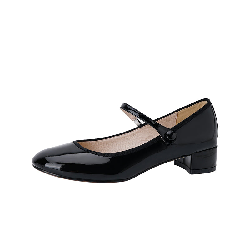 Women's Patent Mary Janes - Low Block Heel Elegant Round-Toe Summer Pumps
