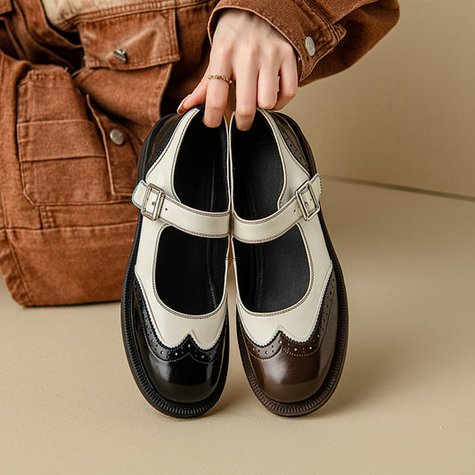 Women's Leather Sophisticated British Style Mary Janes - Brogue Detailed Oxford Shoes