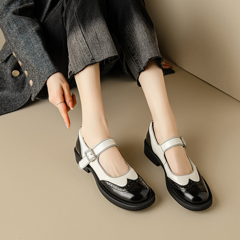 Women's Leather Sophisticated British Style Mary Janes - Brogue Detailed Oxford Shoes