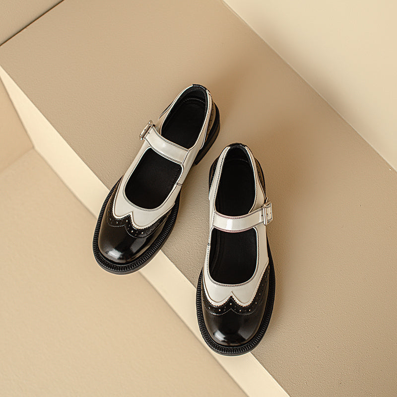 Women's Leather Sophisticated British Style Mary Janes - Brogue Detailed Oxford Shoes
