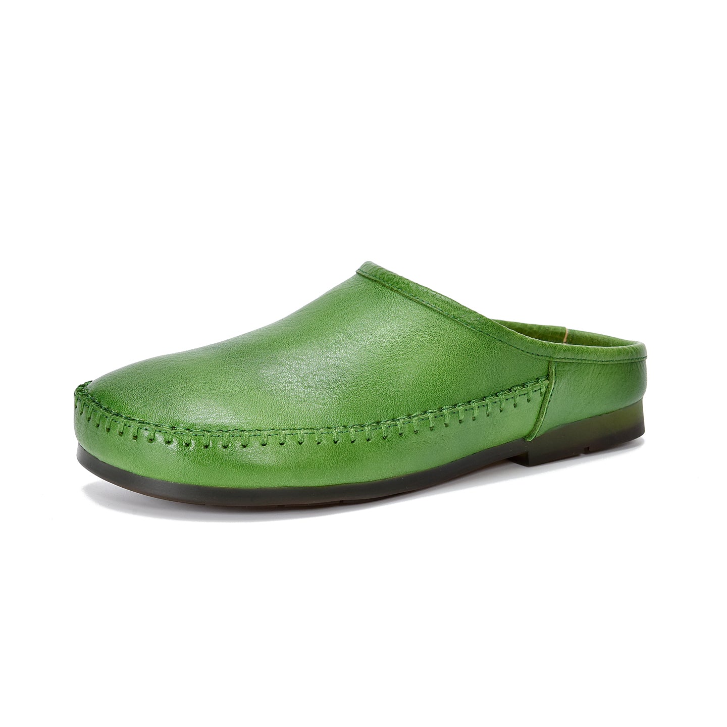 Women's Leather Flat Mules - Hand-Stitched Artisanal Design Retro Round Toe