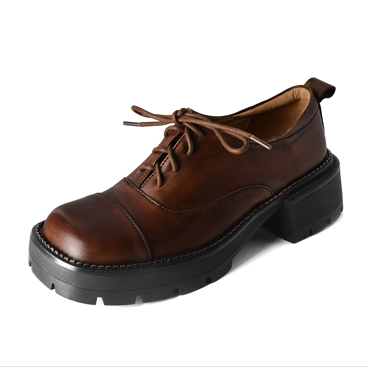 Women's Leather Cap-Toe Platform Derby British Style Retro Lace-up Shoes