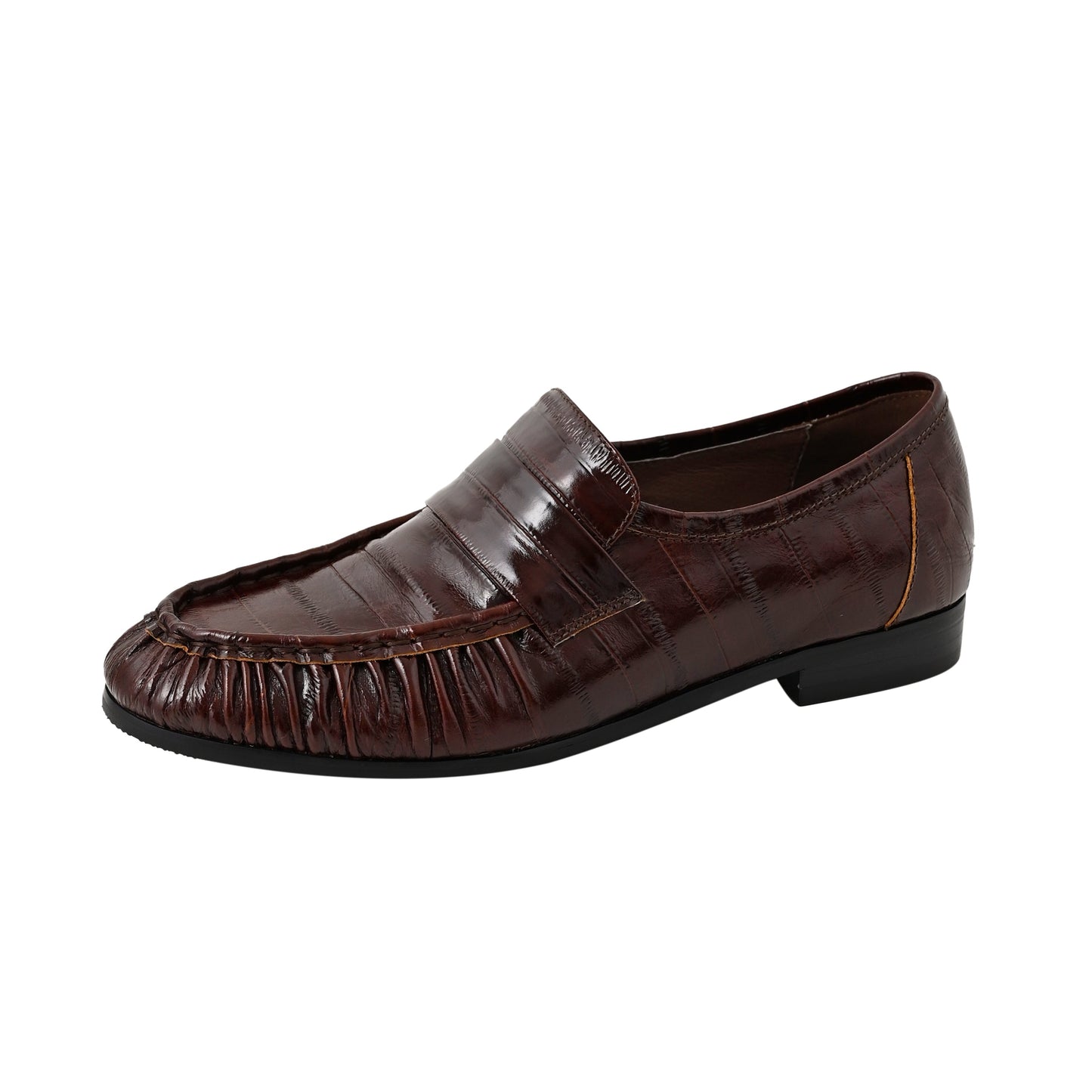 Women's Retro Cowhide Loafers Vintage Round Toe Ruched Penny Slip-on Driving Flats