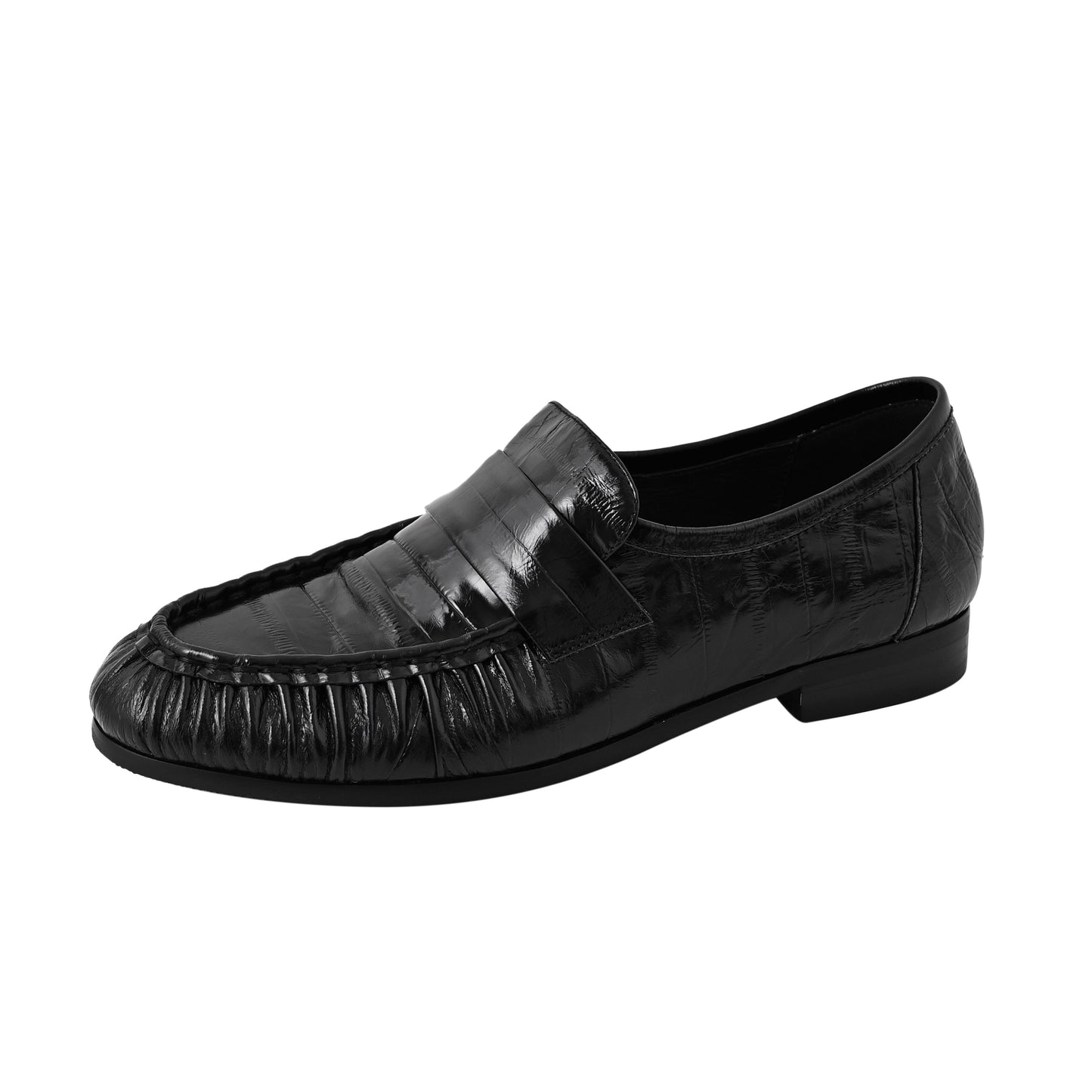 Women's Retro Cowhide Loafers Vintage Round Toe Ruched Penny Slip-on Driving Flats