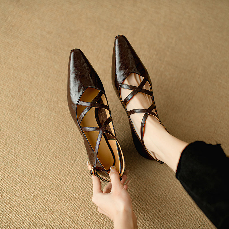Women's Sheepskin Sandals - French Vintage Wedge Heel - Criss-cross Straps Pointed Toe