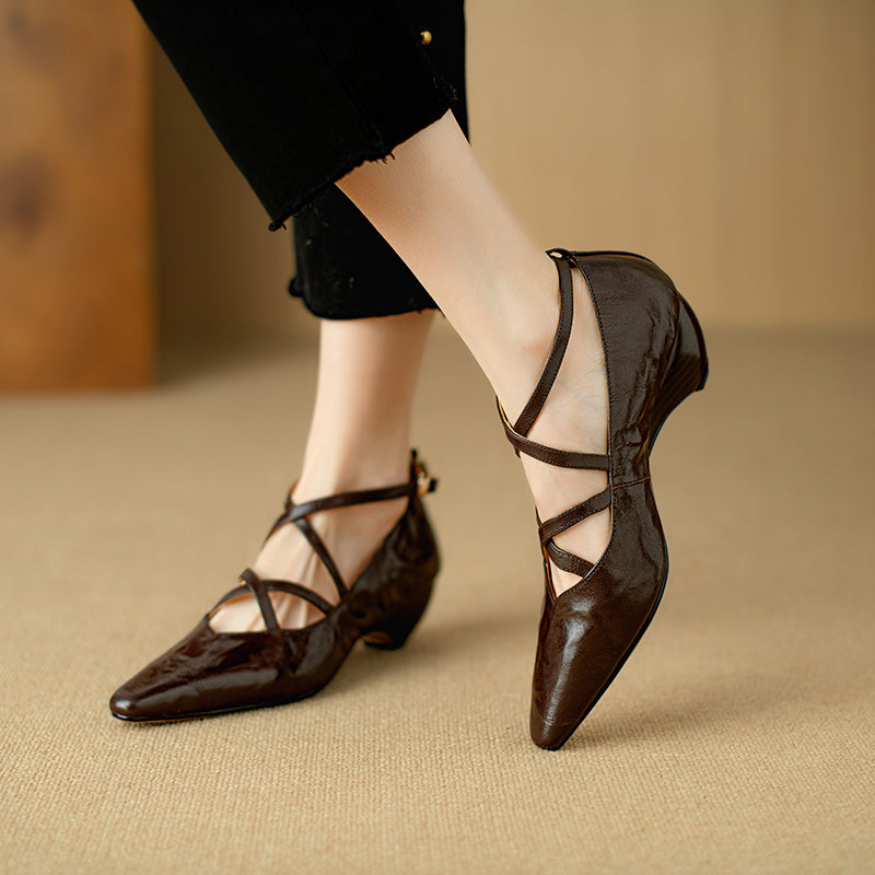 Women's Sheepskin Sandals - French Vintage Wedge Heel - Criss-cross Straps Pointed Toe