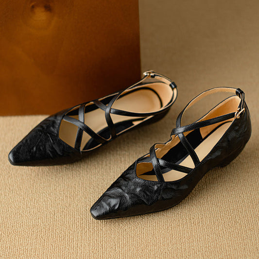Women's Sheepskin Sandals - French Vintage Wedge Heel - Criss-cross Straps Pointed Toe