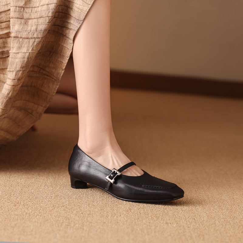 Leather Square Toe Low Heel Retro Metal Buckle Women's Shoes - RetroStep