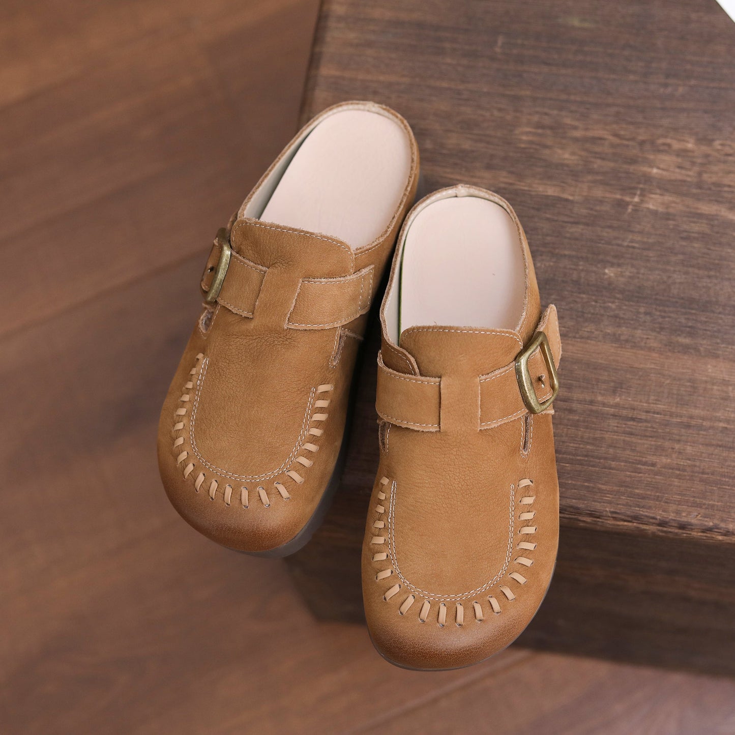 Women's Vintage Leather Mules - Hand-Stitched Artisanal Buckle Slides