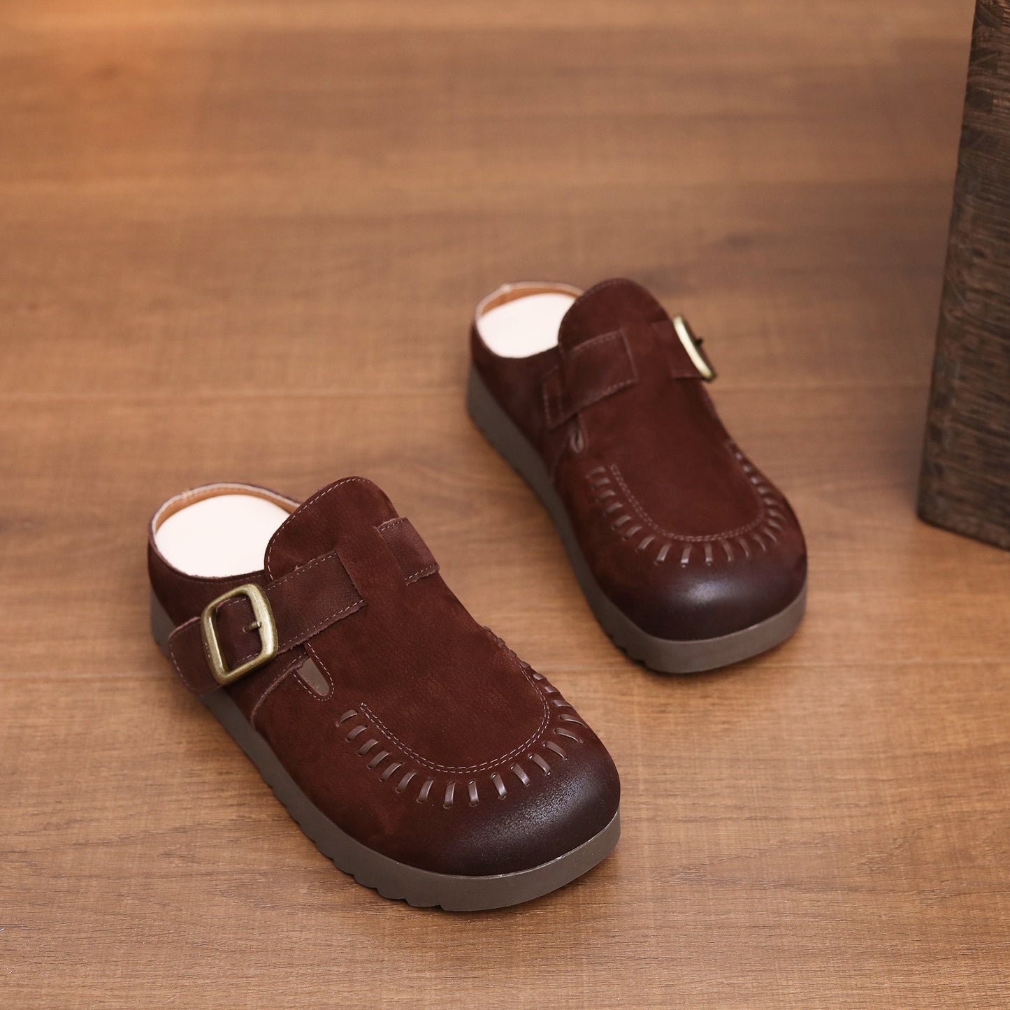 Women's Vintage Leather Mules - Hand-Stitched Artisanal Buckle Slides