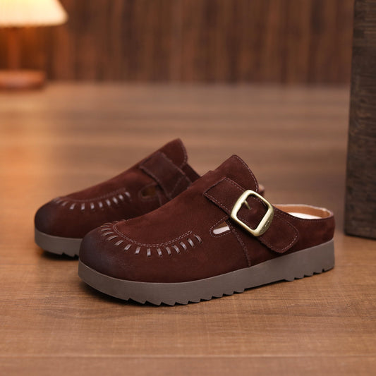 Women's Vintage Leather Mules - Hand-Stitched Artisanal Buckle Slides