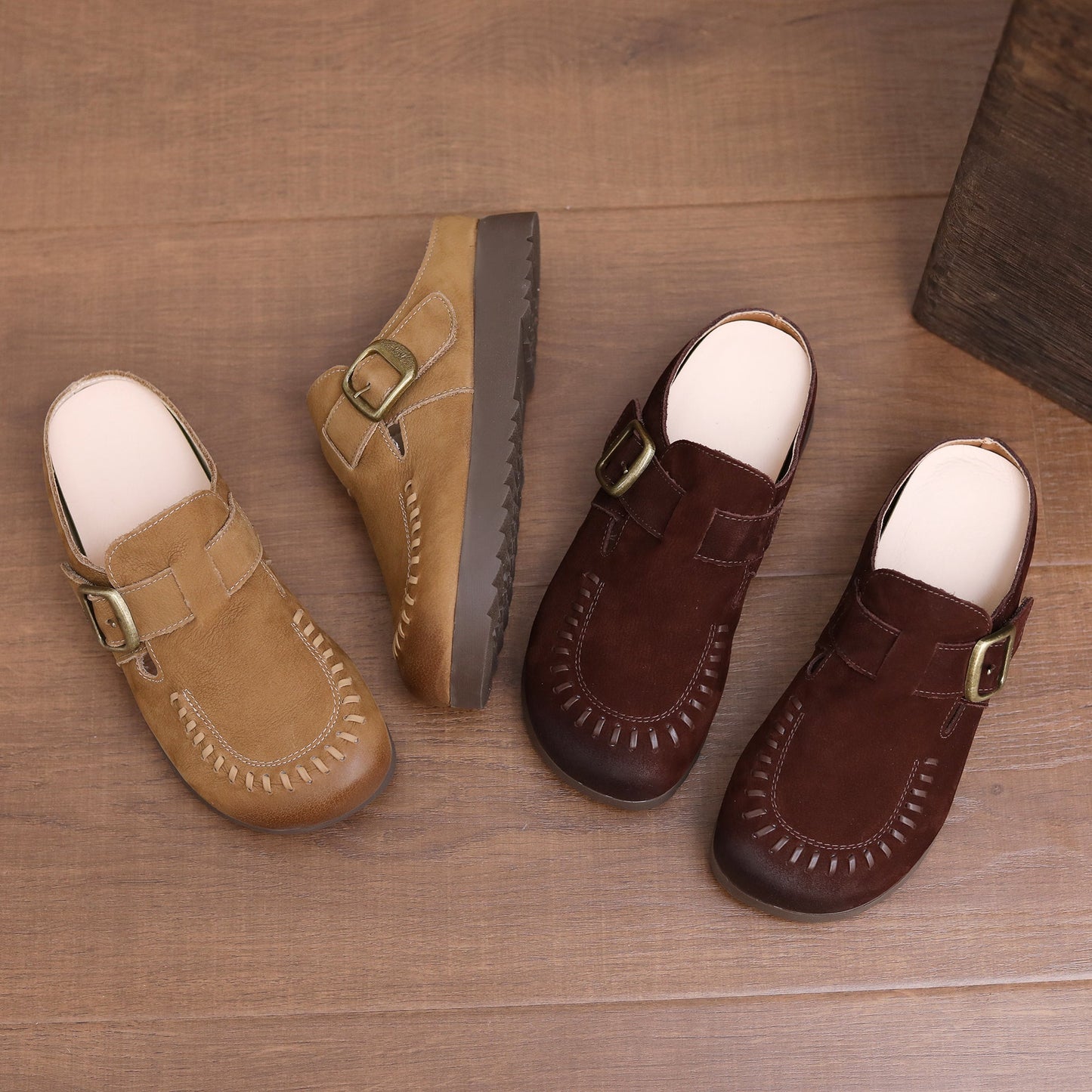 Women's Vintage Leather Mules - Hand-Stitched Artisanal Buckle Slides