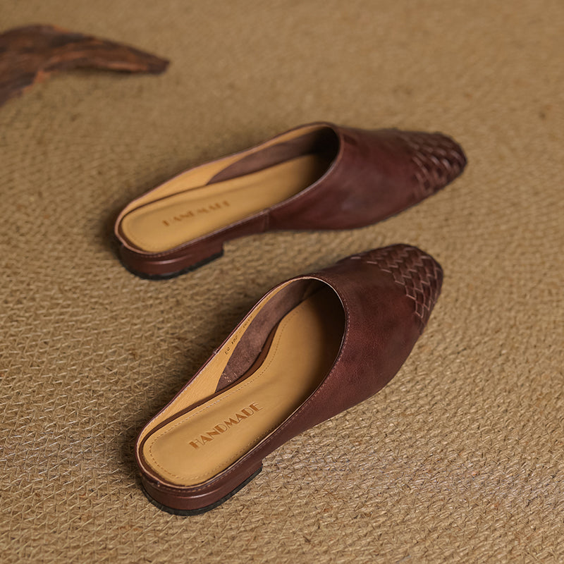 Women's Artisanal Woven Leather Slides - Sheepskin Summer Mules