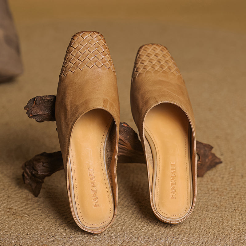 Women's Artisanal Woven Leather Slides - Sheepskin Summer Mules