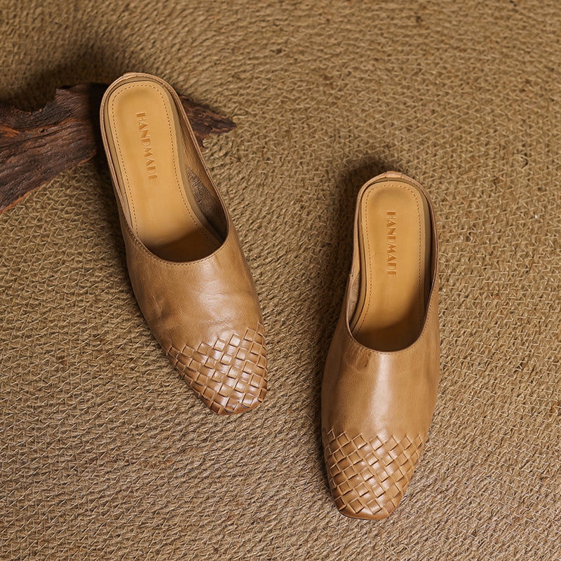 Women's Artisanal Woven Leather Slides - Sheepskin Summer Mules