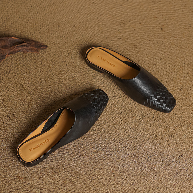 Women's Artisanal Woven Leather Slides - Sheepskin Summer Mules