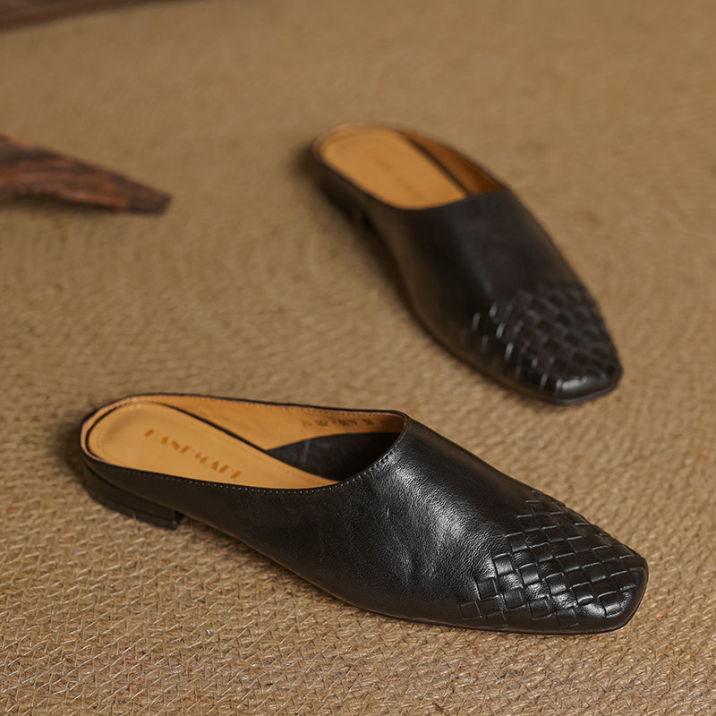 Women's Artisanal Woven Leather Slides - Sheepskin Summer Mules