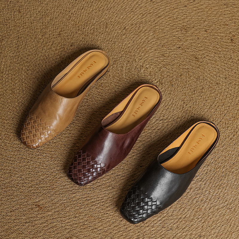Women's Artisanal Woven Leather Slides - Sheepskin Summer Mules