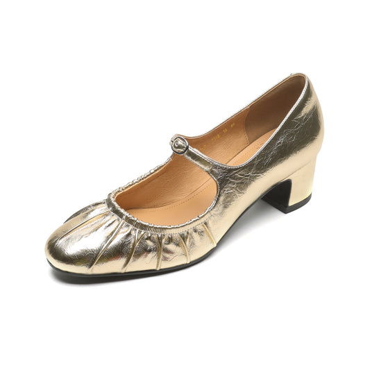 Women's Metallic Cowhide Mary Jane Shoes - Vintage Pleated Round Toe Block Heels