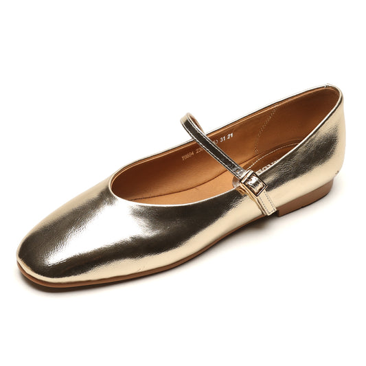 Women’s Metallic Sheepskin Mary Jane Flats – Stylish Square Toe Leather Shoes