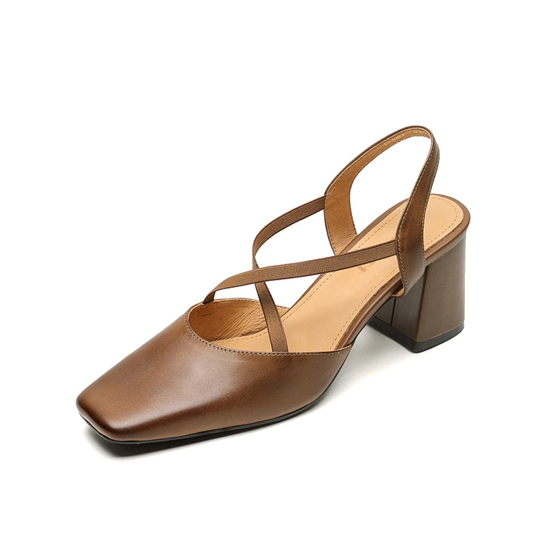 Women's French-Style Square Toe Leather Heels - Sophisticated Cross-Strap Summer Pumps