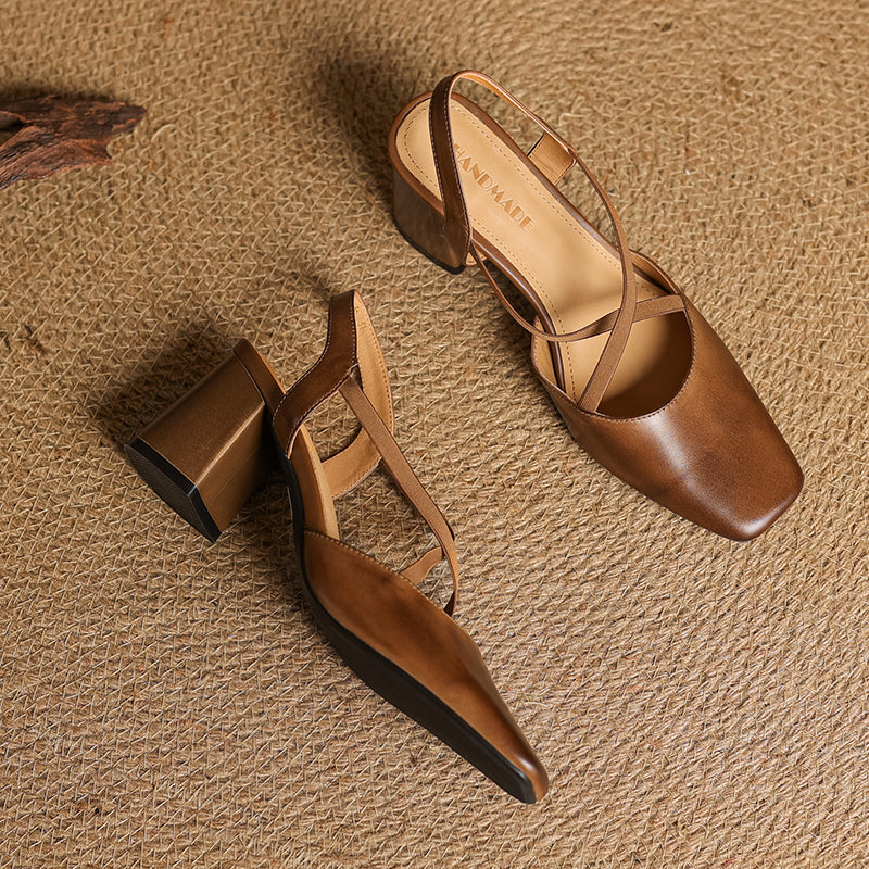 Women's French-Style Square Toe Leather Heels - Sophisticated Cross-Strap Summer Pumps