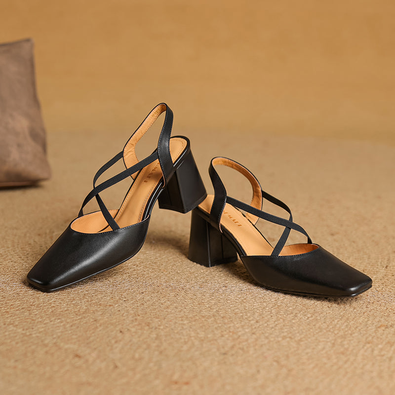 Women's French-Style Square Toe Leather Heels - Sophisticated Cross-Strap Summer Pumps