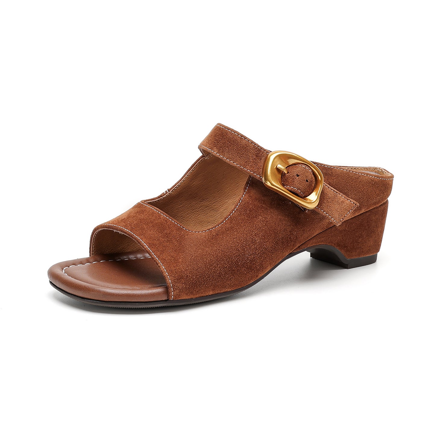 Women's Genuine Leather Casual Mules Open Toe Block Heels Comfort Slide Sandals