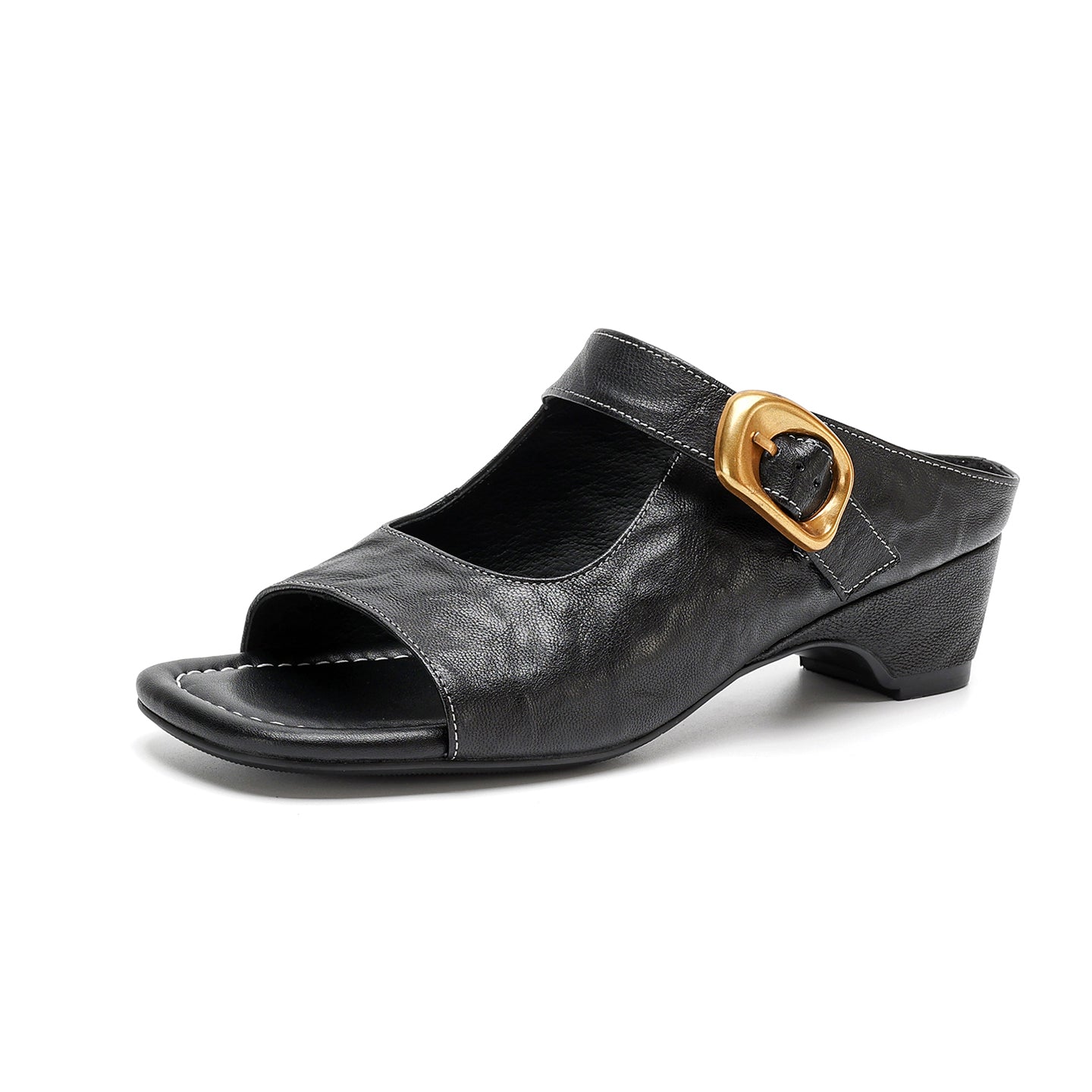 Women's Genuine Leather Casual Mules Open Toe Block Heels Comfort Slide Sandals