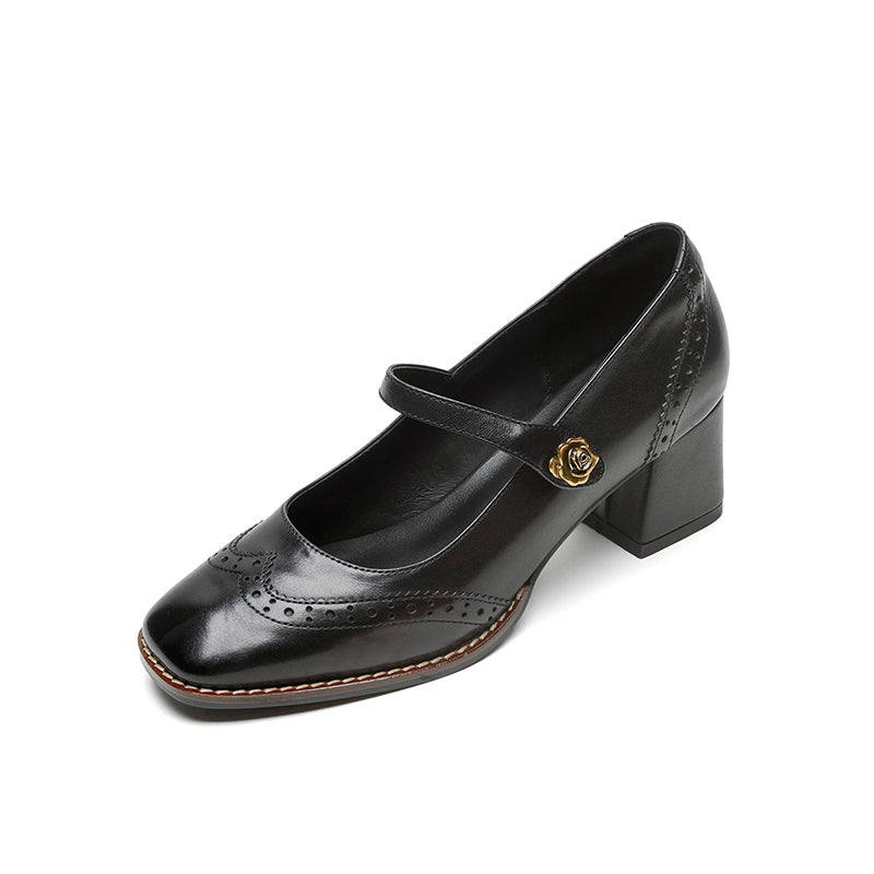 Women's Retro Cowhide Mary Jane Shoes Vintage Brogue Square Toe Chunky Heel Pumps