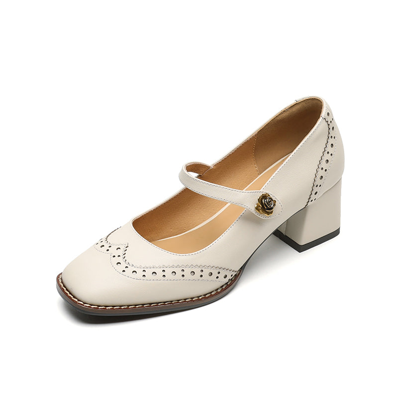 Women's Retro Cowhide Mary Jane Shoes Vintage Brogue Square Toe Chunky Heel Pumps