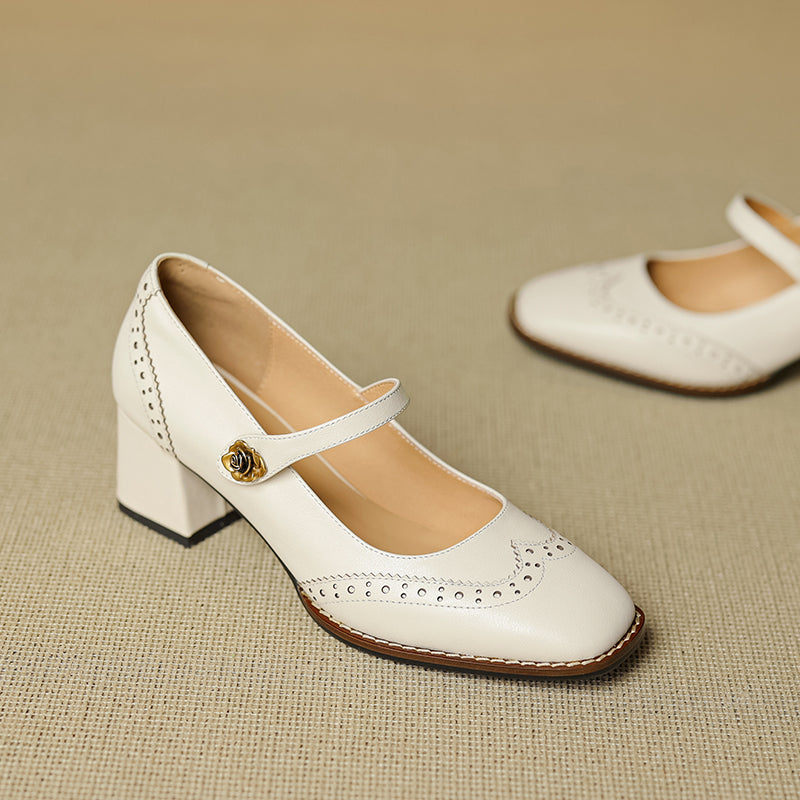 Women's Retro Cowhide Mary Jane Shoes Vintage Brogue Square Toe Chunky Heel Pumps