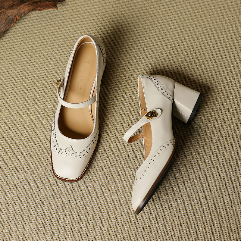 Women's Retro Cowhide Mary Jane Shoes Vintage Brogue Square Toe Chunky Heel Pumps