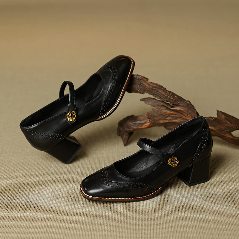 Women's Retro Cowhide Mary Jane Shoes Vintage Brogue Square Toe Chunky Heel Pumps