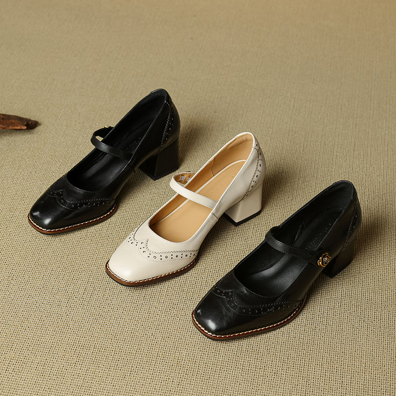 Women's Retro Cowhide Mary Jane Shoes Vintage Brogue Square Toe Chunky Heel Pumps