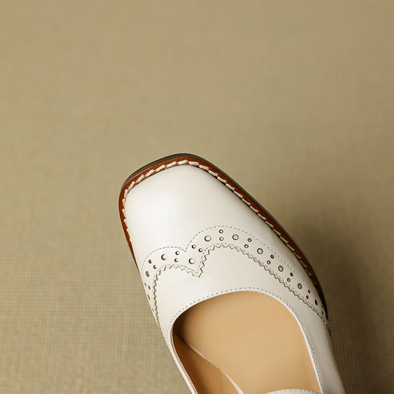 Women's Retro Cowhide Mary Jane Shoes Vintage Brogue Square Toe Chunky Heel Pumps