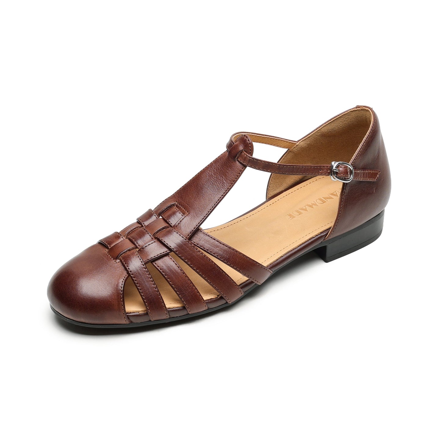 Womens Handmade Retro Woven Leather Fisherman Sandals Vintage T-Strap Mary Jane Flats