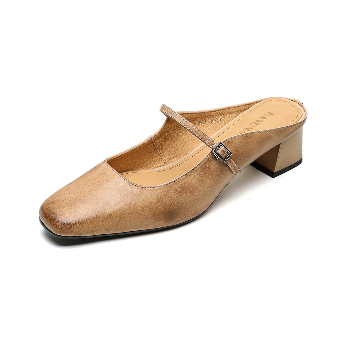 Women's Cowhide Mary Jane Mules - 4.5cm Block Heel - Hand-Burnished Leather