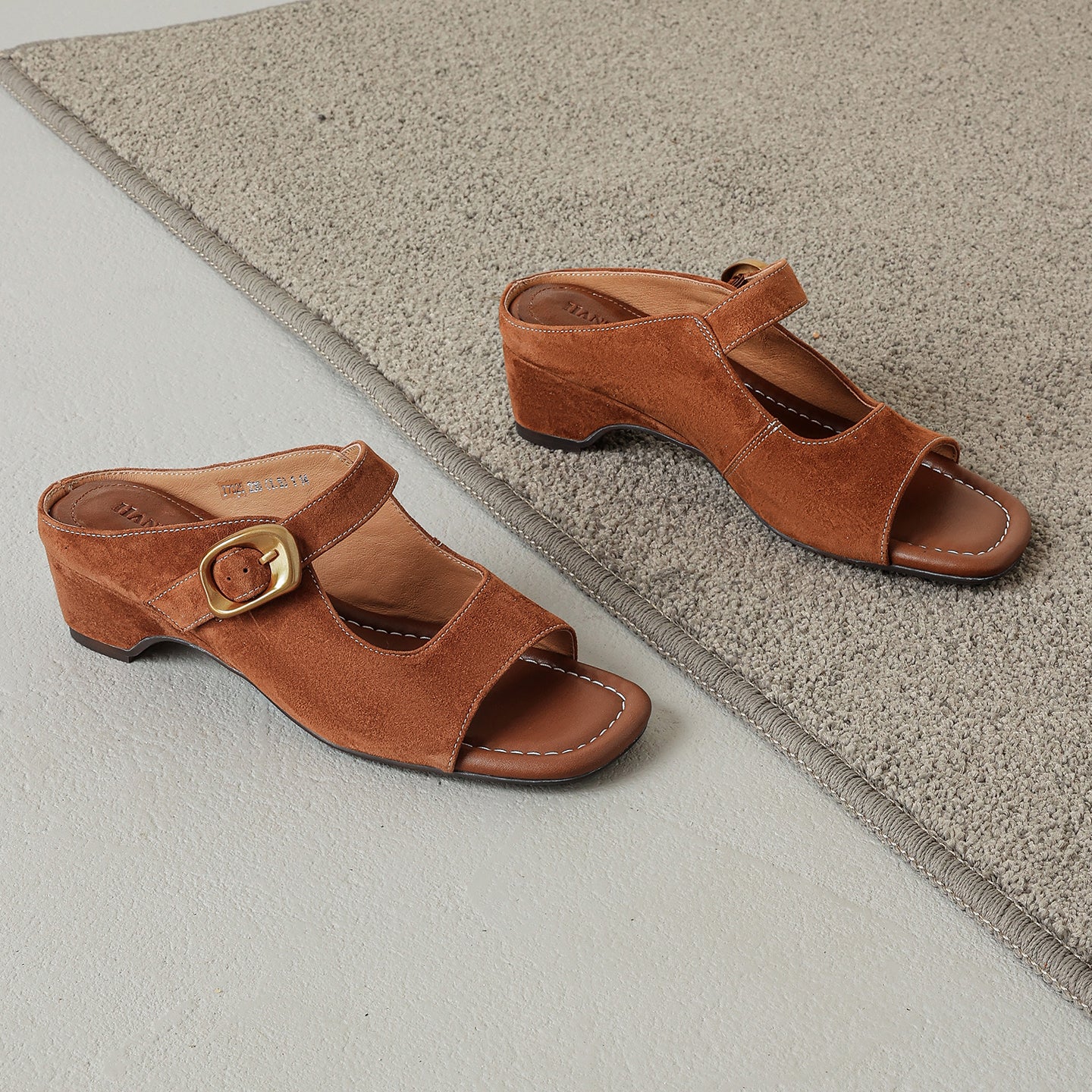 Women's Genuine Leather Casual Mules Open Toe Block Heels Comfort Slide Sandals