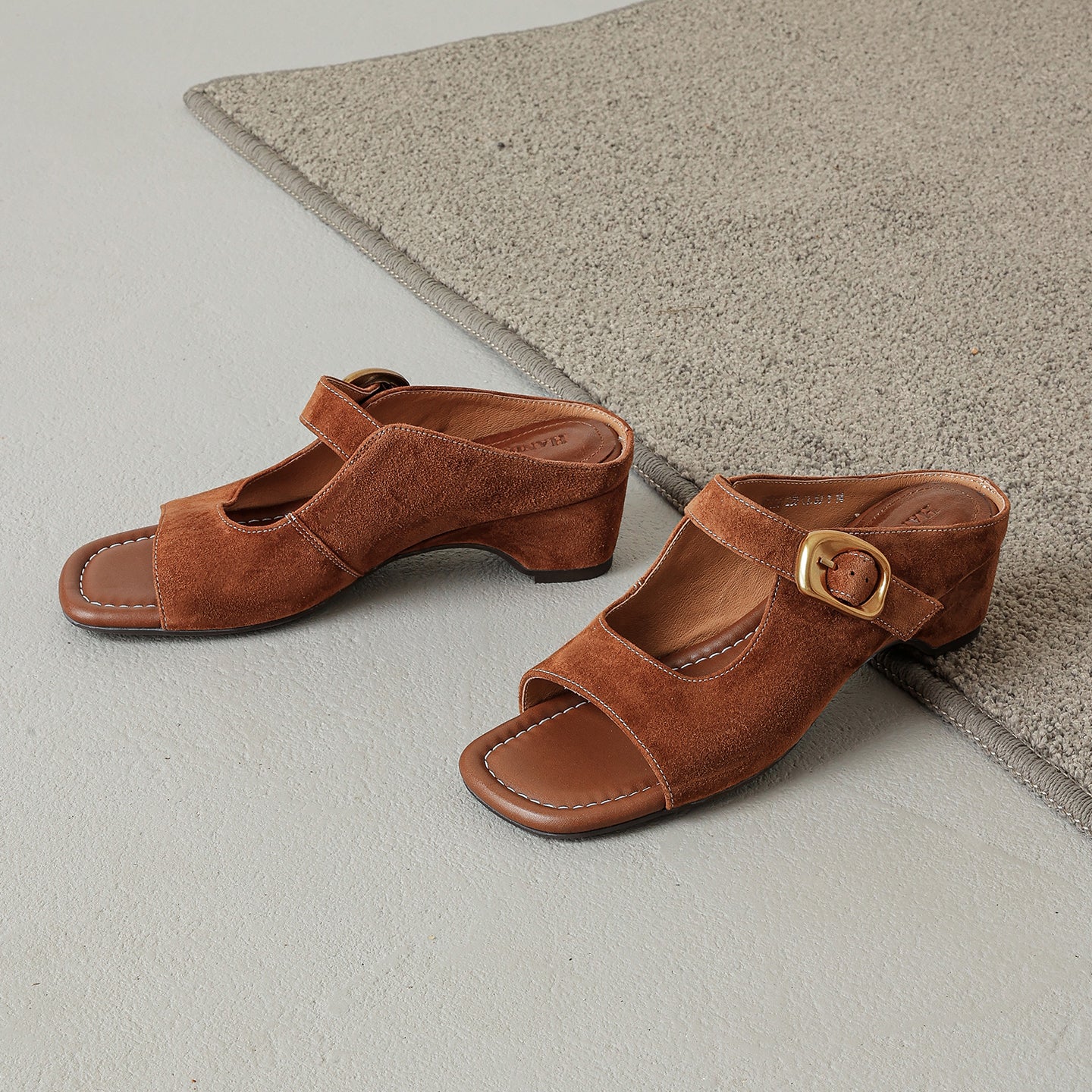 Women's Genuine Leather Casual Mules Open Toe Block Heels Comfort Slide Sandals