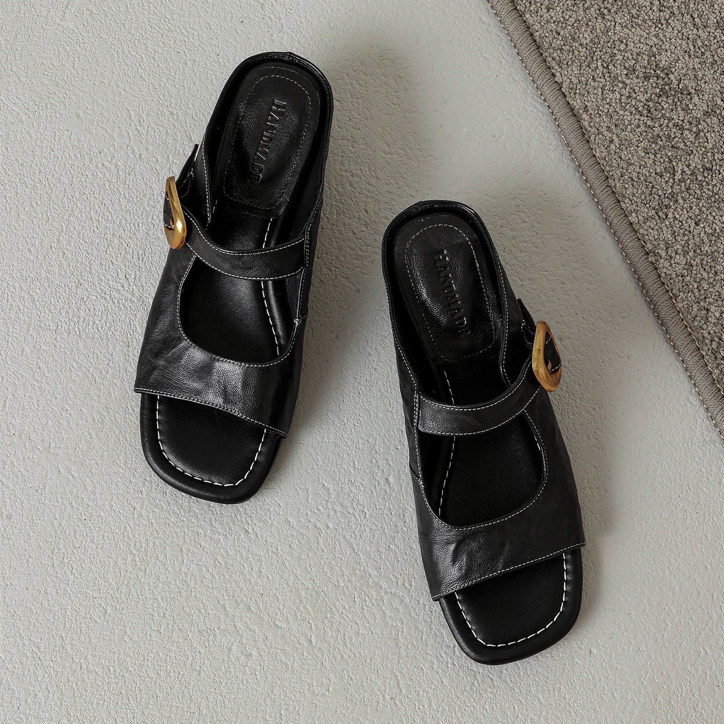 Women's Genuine Leather Casual Mules Open Toe Block Heels Comfort Slide Sandals