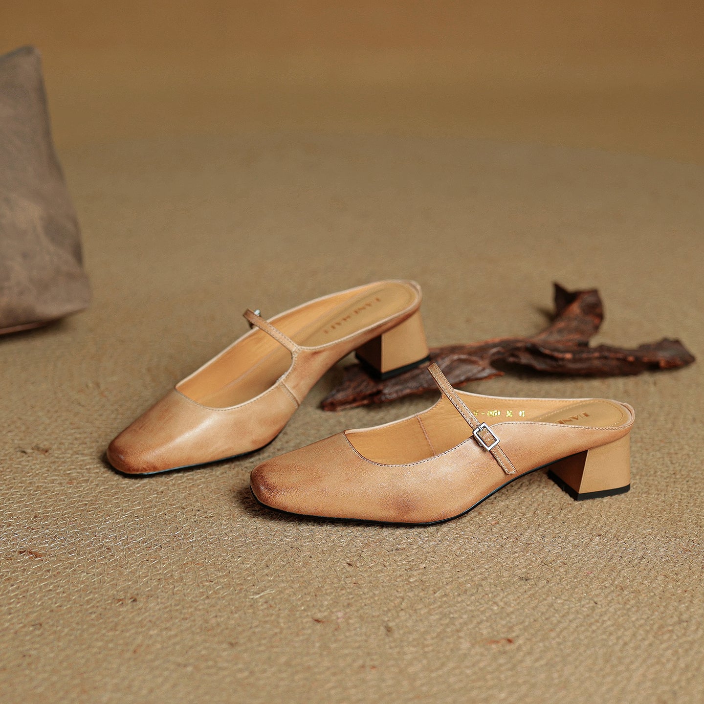 Women's Cowhide Mary Jane Mules - 4.5cm Block Heel - Hand-Burnished Leather